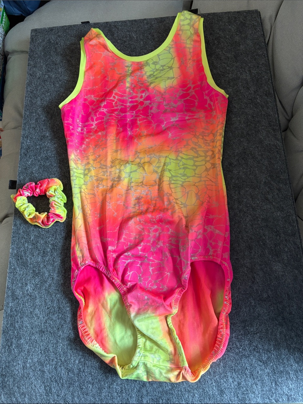 Girls Neon Tie-Dye One Piece Gym Leotard with Scrunchie - Pink & Yellow